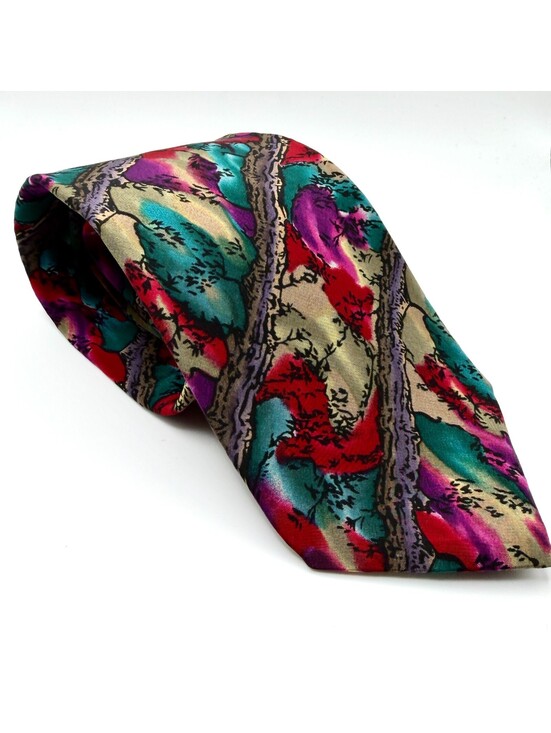 Other - Vintage 90s Teal Purple Silk Watercolor Tree Print Tie